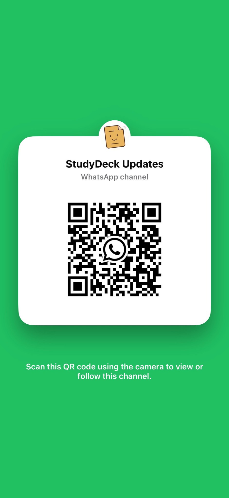 QR code for the StudyDeck Updates WhatsApp channel